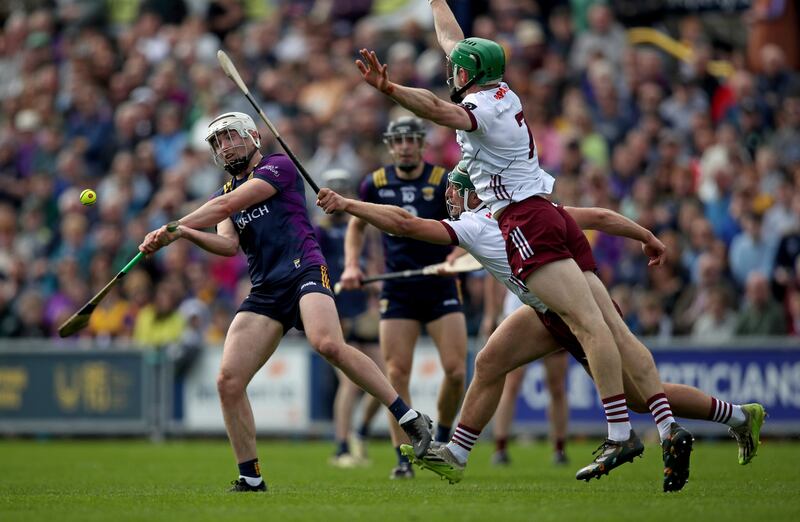 Galway’s Cianan Fahy and Fintan Burke block a shot from Rory O'Connor of Wexford. Photograph: Leah Scholes/Inpho