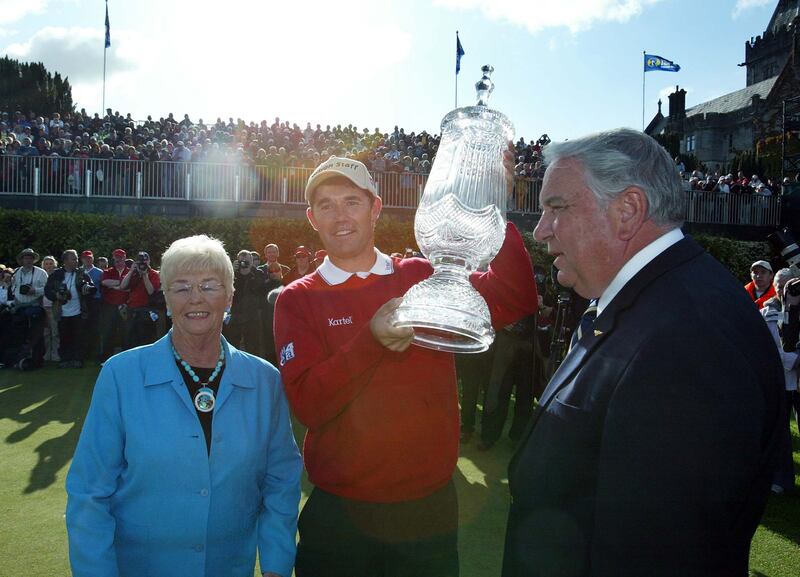 Padraig Harrington lifts the Irish Open trophy in 2007 at Adare Manor. Photograph: Cathal Noonan/Inpho