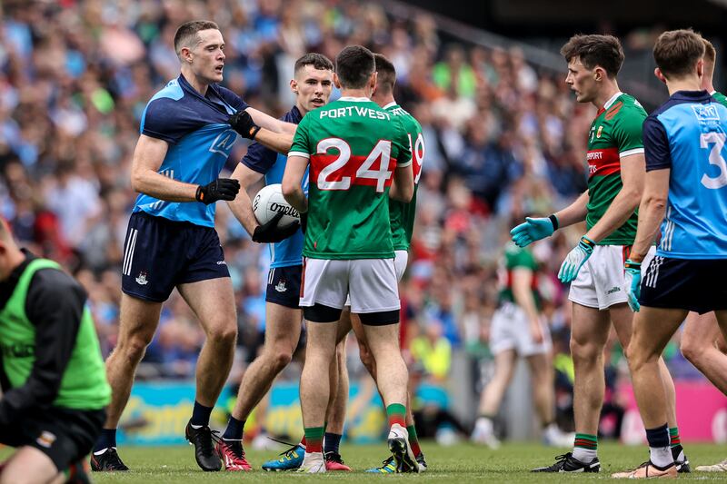 Tempers flare between Dublin and Mayo towards the end of their championship quarter-final at Croke Park. Photograph: Ben Brady
