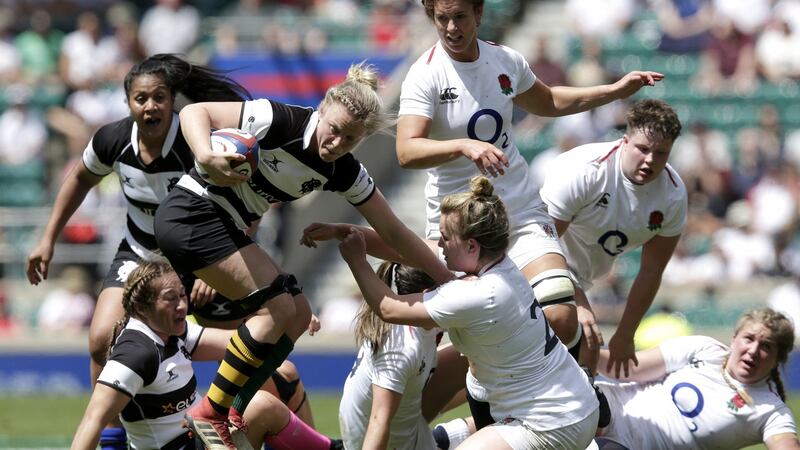 Claire Molloy in acion for the  Barbarians against England at Twickenham in June 2019. Photograph:  Henry Browne/Getty Images for Barbarians