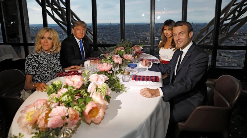 Restaurant le Jules Verne: Brigitte Macron, President Trump, Melania Trump and President Macron at the Eiffel Tower for dinner.  Photograph: Kevin Lamarque/Reuters