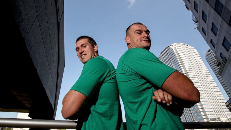Ireland strength and conditioning coach Ciarán Ruddock and Ireland Rugby player Rhys Ruddock in Tokyo  during the 2019 Rugby World Cup. Photograph: Dan Sheridan/Inpho