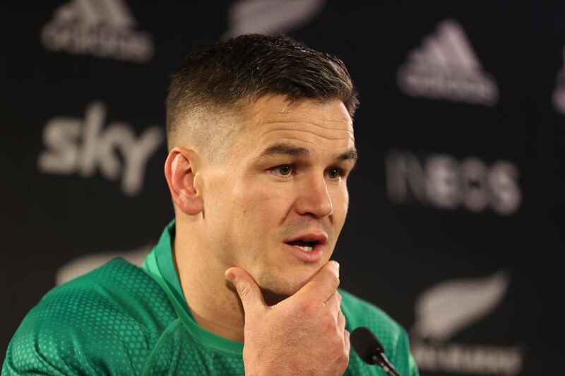 Johnny Sexton of Ireland speaks to media following the International Test match between the New Zealand All Blacks. Photograph: Phil Walter/Getty