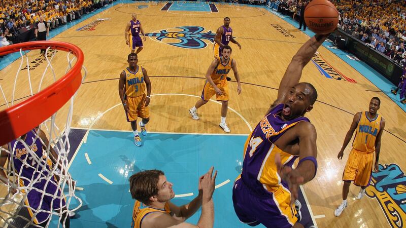Kobe Bryant  of the Los Angeles Lakers dunks the ball over Aaron Gray  of the New Orleans Hornets in game three of the Western Conference quarter-finals in 2011. Photograph:  Chris Graythen/Getty Images