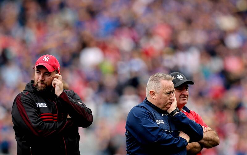 A dejected Cork manager Pat Ryan watches his team go down to Tipperary in the All–Ireland men's senior hurling final. Photograph: Ryan Byrne/Inpho