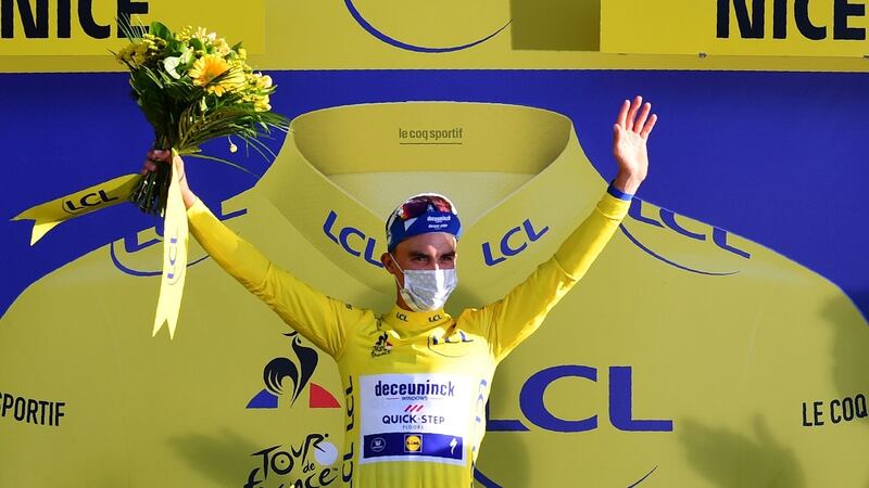 France’s Julian Alaphilippe celebrates  in the yellow jersey. Photograph: Stuart Franklin/Getty/AFP