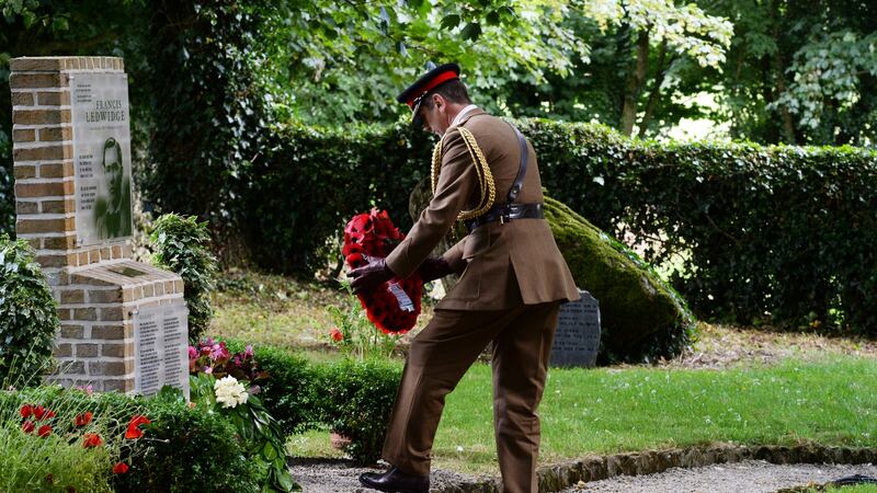 Col Max Walker, the British defence attaché in Ireland, lays a wreath during the commemoration ceremony at the birthplace museum of Francis Ledwidge   to mark the centenary of his death.Photograph: Cyril Byrne