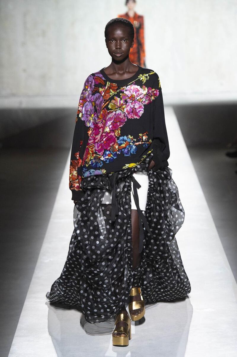 Lacroix, from Arles, was known for the sunny prints of his native Provencal and his penchant for l8th century dress and those references resurfaced in billowing ensembles of leopard and botantical motifs