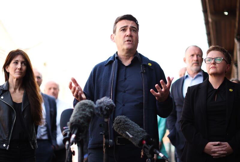 Andy Burnham speaking at a press conference following the cancellation of the northern section of HS2 high-speed railway. Photograph: Adam Vaughan/EPA