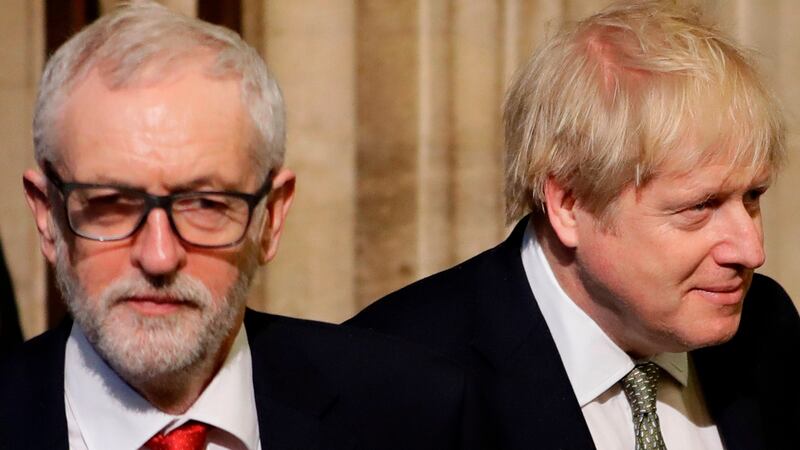 Labour Party leader Jeremy Corbyn and prime minister Boris Johnson  walk through the Commons members’ lobby on Thursday. Photograph: Kirsty Wigglesworth/POOL/AFP via Getty Images
