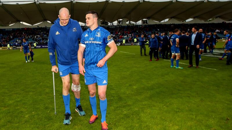 An injured Devin Toner with Johnny Sexton following Leinster’s Pro14 semi-final win over Munster. Photograph: James Crombie/Inpho