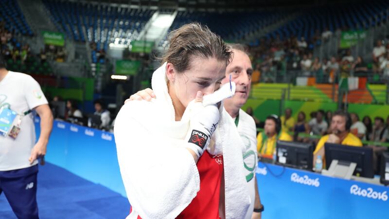 A very disappointed Katie Taylor after losing her Women’s Lightweight 60kg quarter-final bout to Mira Potkonen in Rio de Janeiro. Photograph: Dan Sheridan/Inpho