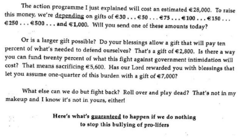 Excerpt from a letter sent to potential donors by Family and Life