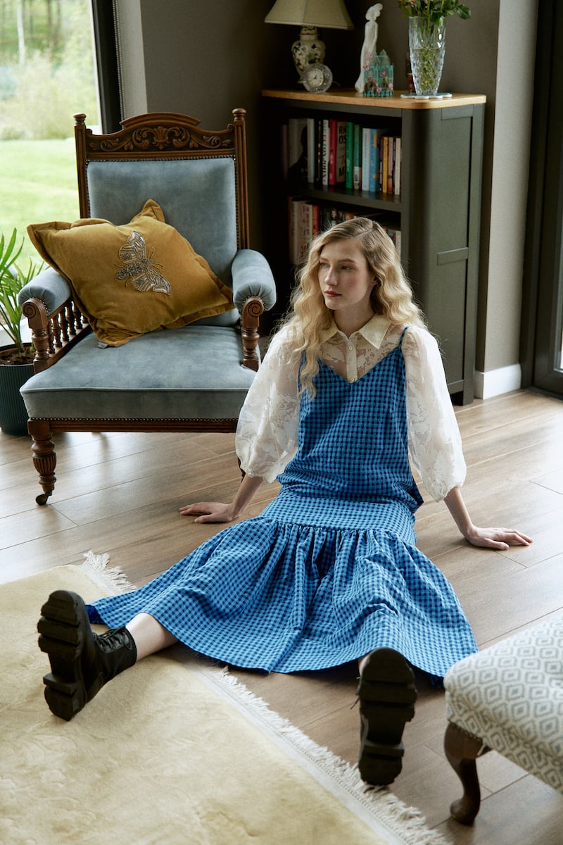 Blue gingham dress, €125; white sheer blouse, €109, both Bow & Pearl