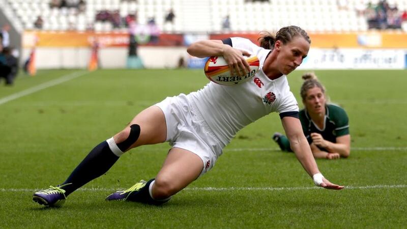 Katherine Merchant of England touches down   during the IRB Women’s Rugby World Cup semi-final match against   Ireland and England at Stade Jean Bouin in Paris. Photograph:   Jordan Mansfield/Getty Images