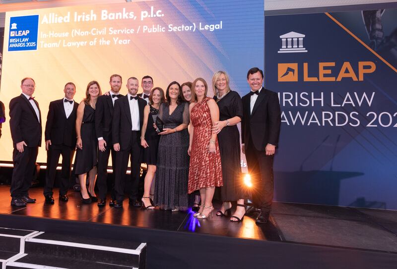 Richard Hammond, solicitor and partner at Hammond Good LLP and chair of the judging panel of the Leap Irish Law Awards; Cathal de Barra, corporate and commercial legal advisor at AIB; Ruth Milne, senior lawyer at AIB; Niall Fox senior solicitor at AIB; Ronan Johns, paralegal at AIB, Treasury Legal Services; Thomas Hurley, solicitor at AIB; Lorraine Power, data protection solicitor at AIB; Philippa Howley, head of Treasury Legal Services at AIB; Dearbhla Rafter, legal upstream specialist at AIB; Fidelma McManus, solicitor at AIB; Suzanne McKenna, head of corporate lending securities/collateral management at AIB; and Anton Savage, MC of the night. Photograph: Paul Sherwood