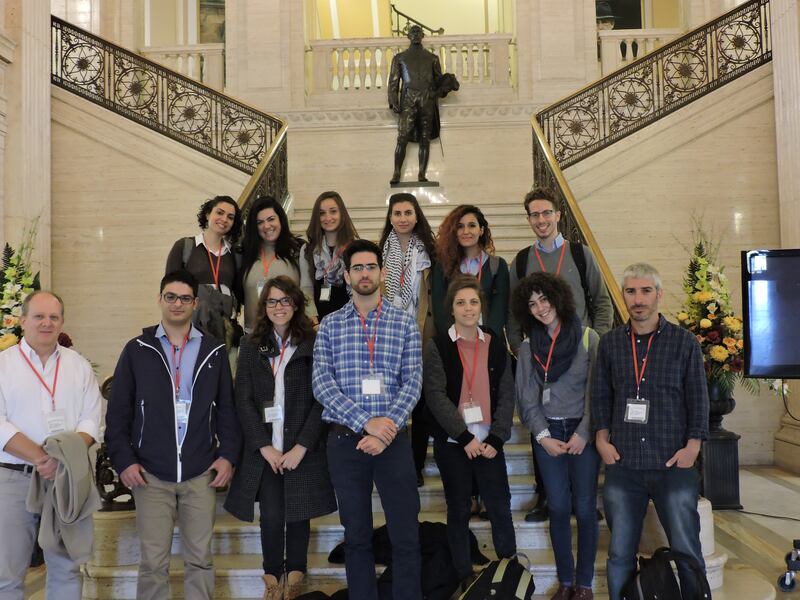 Israeli sociologist Ron Dudai with a Israeli delegation on the steps of the staircase in Stormont