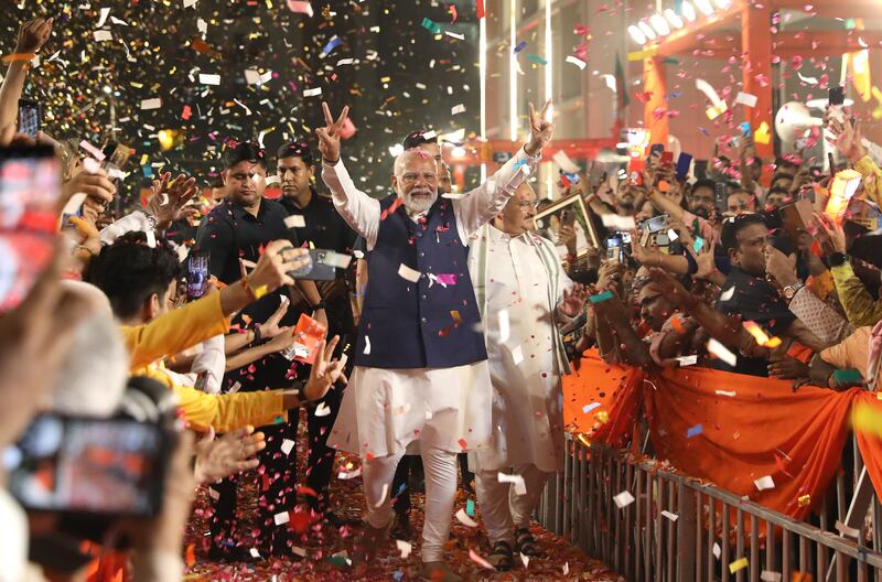 Indian prime minister Narendra Modi arrives at the party headquarters in New Delhi. Photograph: Rajat Gupta/EPA