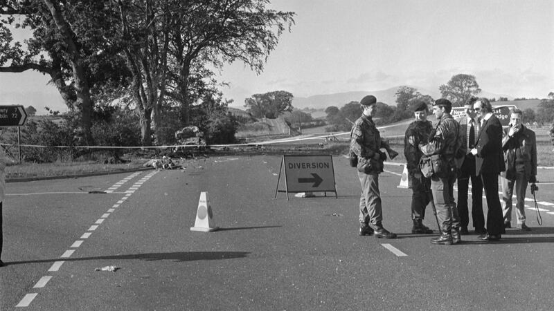 British soldiers on the A1 Dublin-Belfast road at Buskhill, Co Down, on July 31st, 1975 in the aftermath of the attack on the Miami Showband. Photograph: Independent News and Media/Getty Images