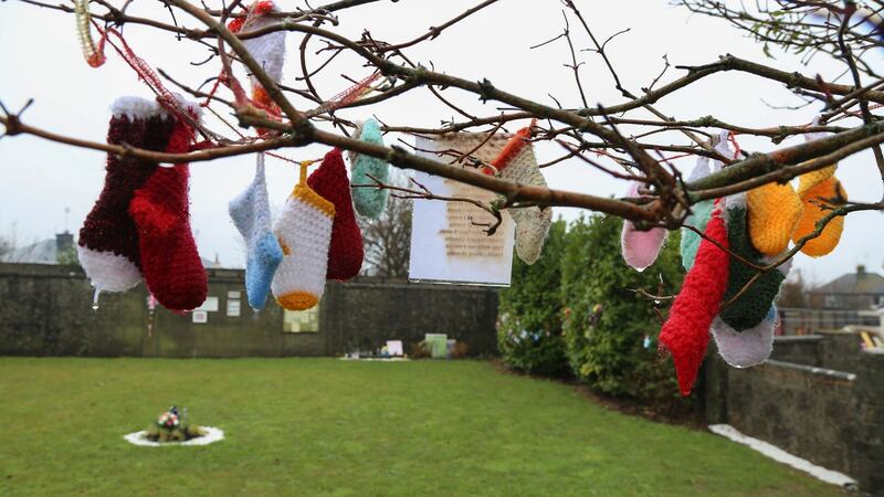 Children’s woollens hang on a tree in the rain at the Tuam babies’ burial ground. Photograph: Joe O’Shaughnessy