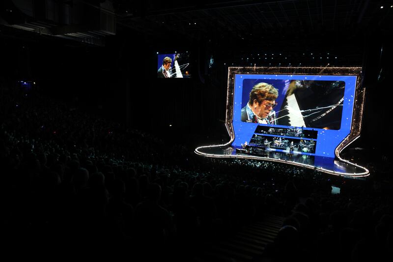 A giant screen formed the back drop as Elton John performs at Dublin's 3Arena. Photograph: Dara Mac Dónaill/The Irish Times
