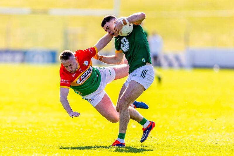 Meath’s Eoghan Frayne and Colin Byrne of Carlow get in a tangle during their Leinster SFC game at the weekend. Photograph: Morgan Treacy/Inpho