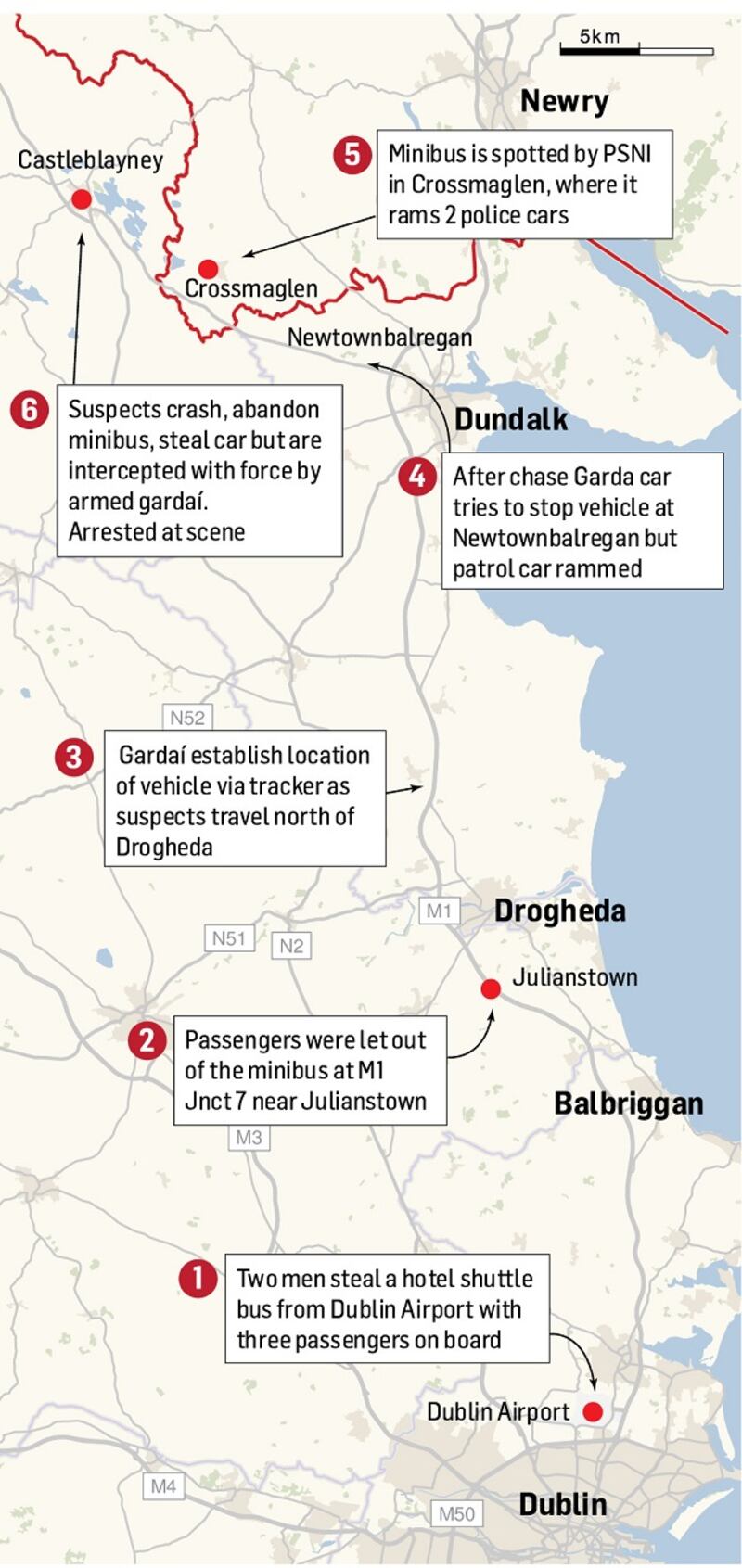 The route the mini-bus took from Dublin Airport in the early hours of Wednesday morning.