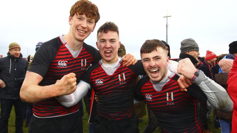 Deserving winners: Ben Healy, Ronan Quinn and Andrew Walsh  of Glenstal celebrate beating Christian Brothers Cork in the Munster Schools Senior Cup final. Photograph: Ken Sutton/Inpho