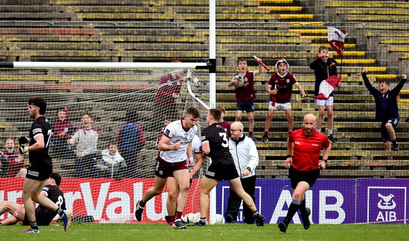 Galway’s Matthew Tierney celebrates scoring his first goal during the Connacht SFC Final against Sligo at Hastings MacHale Park. Photograph: Ryan Byrne/Inpho 