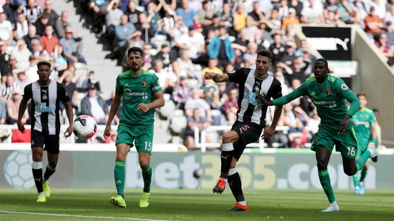 Fabian Schar equalises for Newcastle against Watford. Photograph: Ian MacNicol/Getty