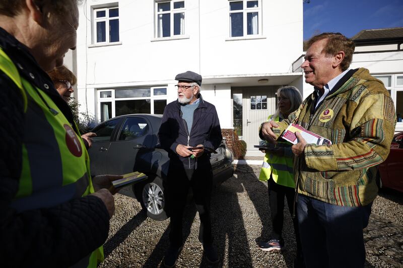 Alan Shatter in Wyndham Park in Ballinteer, Dublin with local resident Sean Cunningham. Photograph: Nick Bradshaw