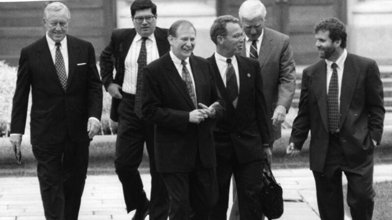William J Flynn: the Irish-American businessman in Dublin in 1994 with Joe Jamison, Bruce Morrison, Bill Lenahan, Bill Barry and Niall O’Dowd. Photograph: Peter Thursfield