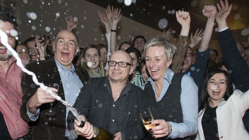 Members of the Irish Film Board and director Lenny Abrahamson celebrating five Oscar nominations for Irish film Room. Photograph: Dave Meehan/The Irish Times