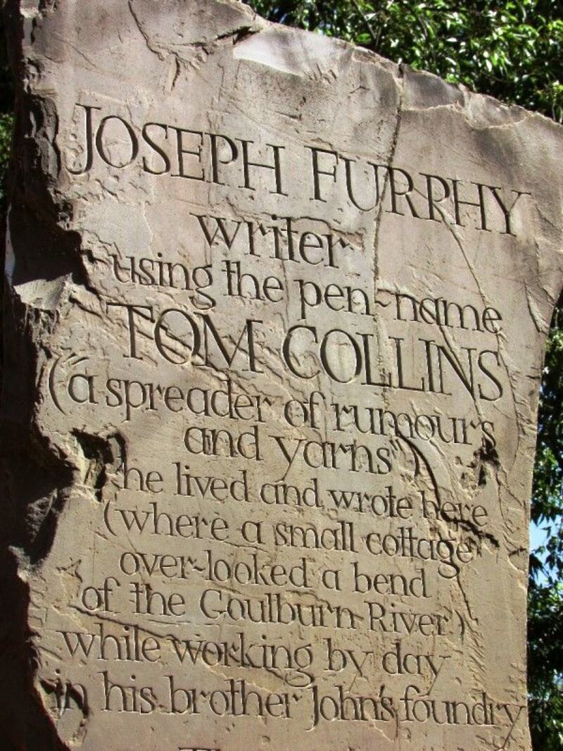 The Joseph Furphy Memorial in Shepparton, Victoria. The tablet is affixed to a tree planted by Furphy himself. Photograph: Courtesy of Sandra Brown/supplied by Dr J Patrick Greene via Anthea McTeirnan