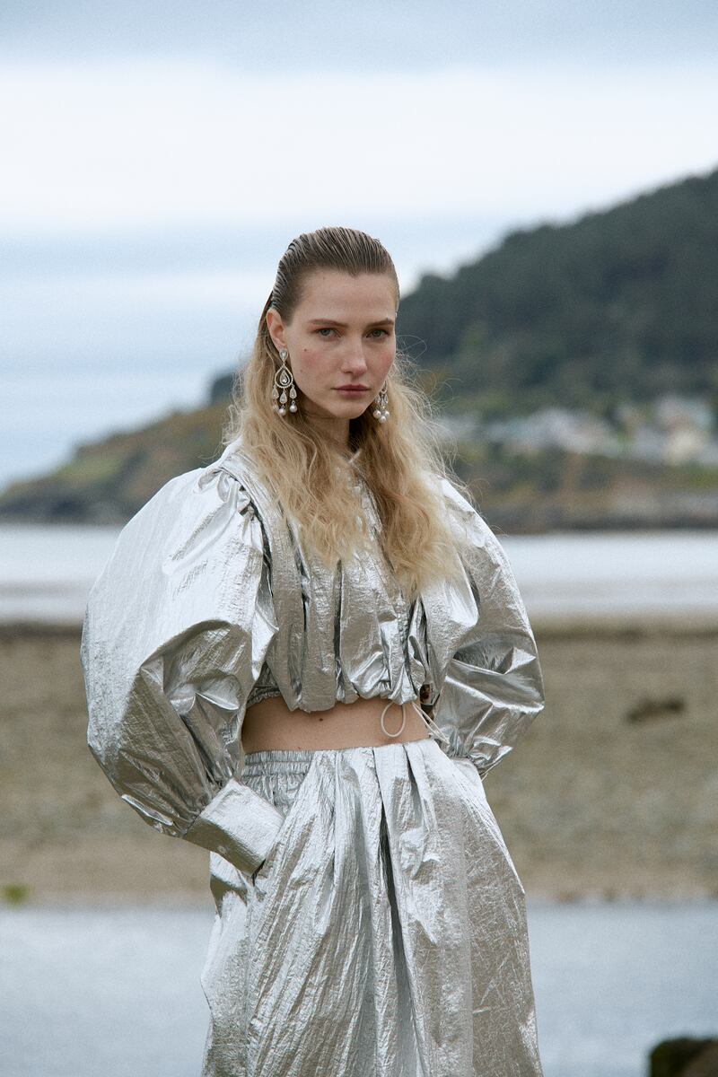 Metallic blouse, €450, and skirt, €350, Dawei Studios from Beautiful South boutique, Rathmines; metallic bag, €20, Primark