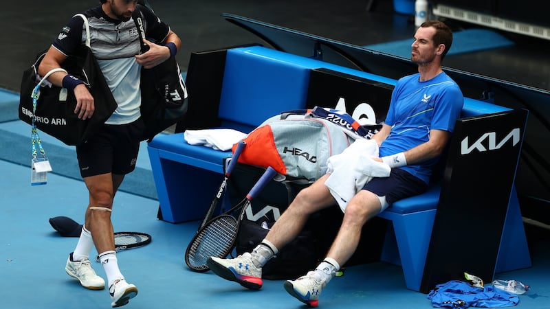 Andy Murray has a breather after his gruelling win over Nikoloz Basilashvili. Photograph: Clive Brunskill/Getty