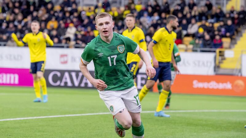 Ross Tierney after scoring for Ireland in an Under-21 European Championship qualifier. Photograph: Johan Volkanen/Inpho
