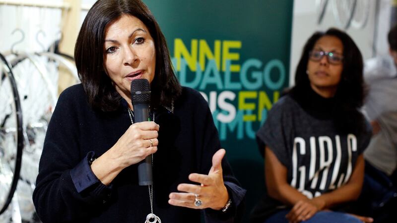 Anne Hidalgo gives a press conference as part of the campaign for the mayoral elections in Paris. Photograph: Thibault Camus/AP Photo