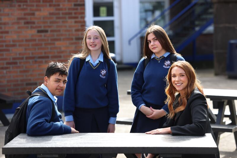 Deputry principal Ciara Dowling, right, with students Alex Halal, Darci Hynes and Carly Nolan, at St Joseph’s, Fairview, Dublin