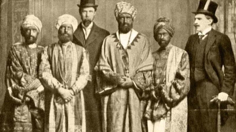 The 1910 Dreadnought hoax, Virginia Woolf (then Virginia Stephens) (far left), Cork born Horace de Vere Cole ( far  right). Photograph: Wikimedia Commons.