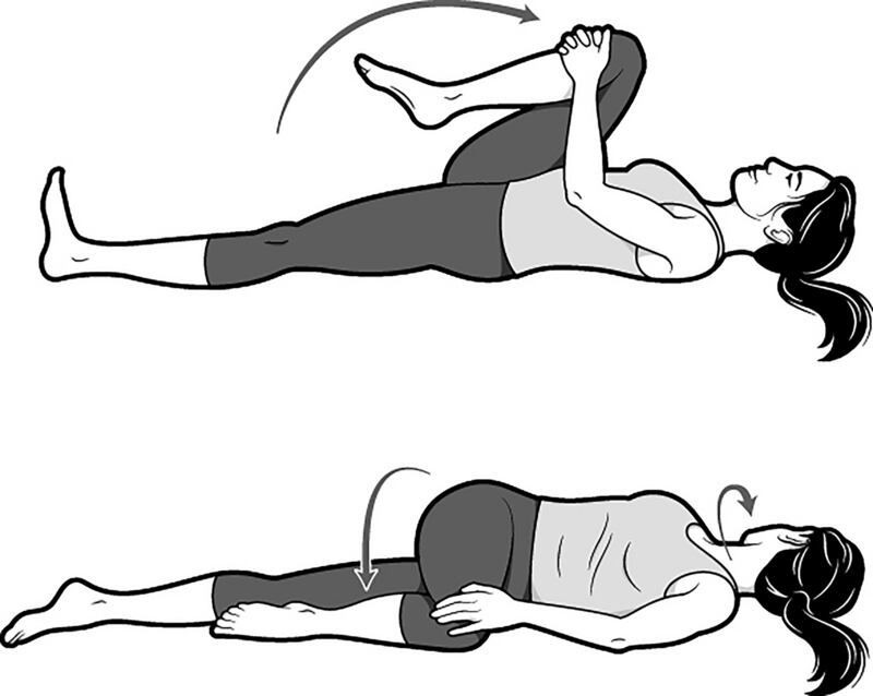 The knee to chest to spinal twist exercise stretches the hips and lower back. Photograph: Brown Bird Design/New York Times
