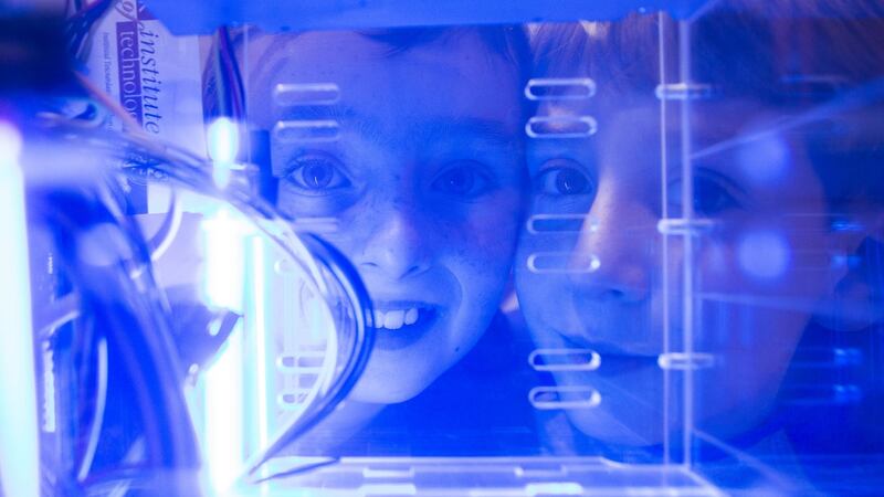 Adam O’Caoimh and Colm Treacy, Scoil Chroí Íosa, Blarney, Co Cork,  at the Steam Curiosity Den – Inspiration in Action for maths week in CIT. Photograph: Darragh Kane
