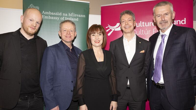 London Irish Centre’s director of culture Gary Dunne, Minister for the Diaspora Ciarán Cannon, Minister for Culture, Heritage and the Gaeltacht Josepha Madigan, London Irish Centre chief executive Seán Kennedy, and Irish Ambassadorto the UK Adrian O’Neill at the Barbican in London on Wednesday.
