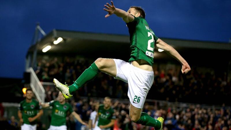 Cork City’s  Garry Buckley celebrates after his shot went in as an own goal against Dundalk in the SSE Airtricity League Premier Division match at Turner’s Cross. Photograph: Ryan Byrne/Inpho