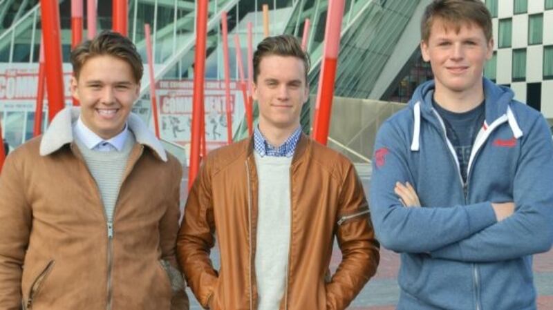 Adam Dalton  and Evan Darcy  with BT Young Scientist winner and founder of data security business Evervault, Shane Curran in 2017.