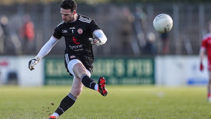 Tyrone’s Niall Morgan scores a point against Kildare at St Conleth’s Park, Newbridge in February. Photograph: Laszlo Geczo/Inpho