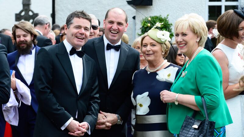 Paschal Donohoe, Paul Kehoe, Frances Fitzgerald and Heather Humphreys at the wedding of Simon Harris and Caoimhe Wade in St Patrick’s Church, Kilquade, Co Wicklow. Photograph: Cyril Byrne