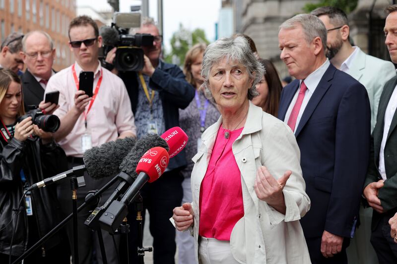 Catherine Connolly answering questions from members of the media outside the Dáil on Wednesday. Photograph: Alan Betson 