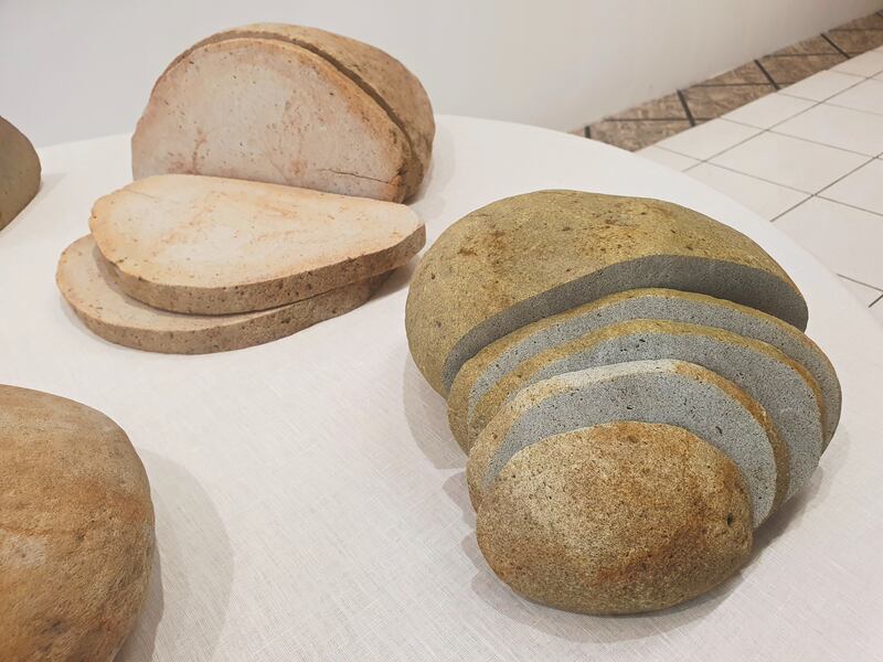 Some of Zhanna Kadyrova’s ‘bread’ from the Palianytsia exhibition: Each loaf is made of stone and alludes to hunger and territorial issues relating to Ukrainians displaced by the Russian invasion of their country. Photograph: John Fleming