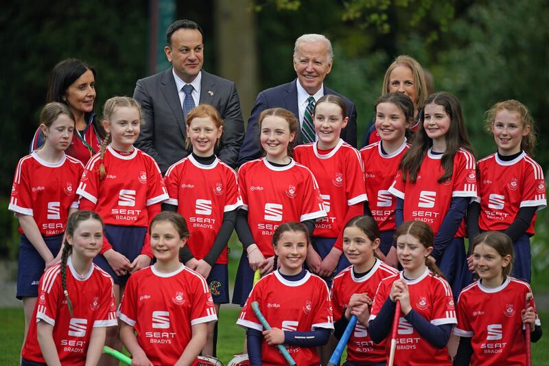 US president Joe Biden and Taoiseach Leo Varadkar with camogie players at Farmleigh House, Phoenix Park. Photo by Niall Carson/Getty Images